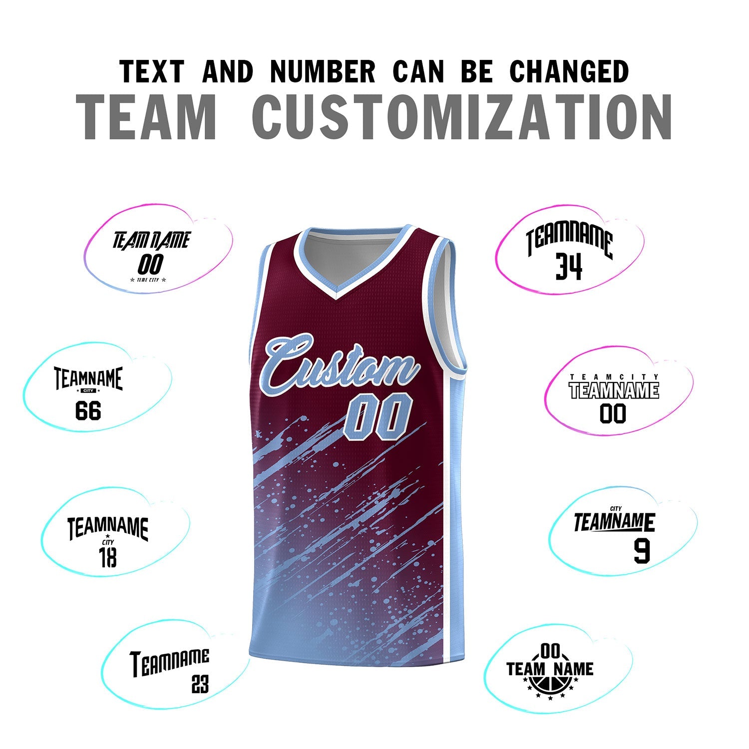 Custom Crimson Basketball Kits With Light Blue Paint Graffiti
