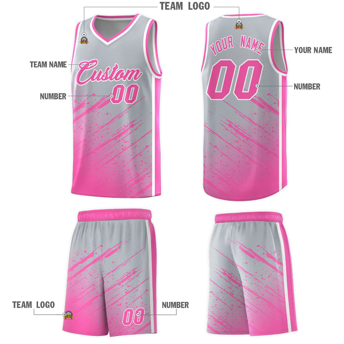 Custom Gray Basketball Kits With Pink Paint Graffiti