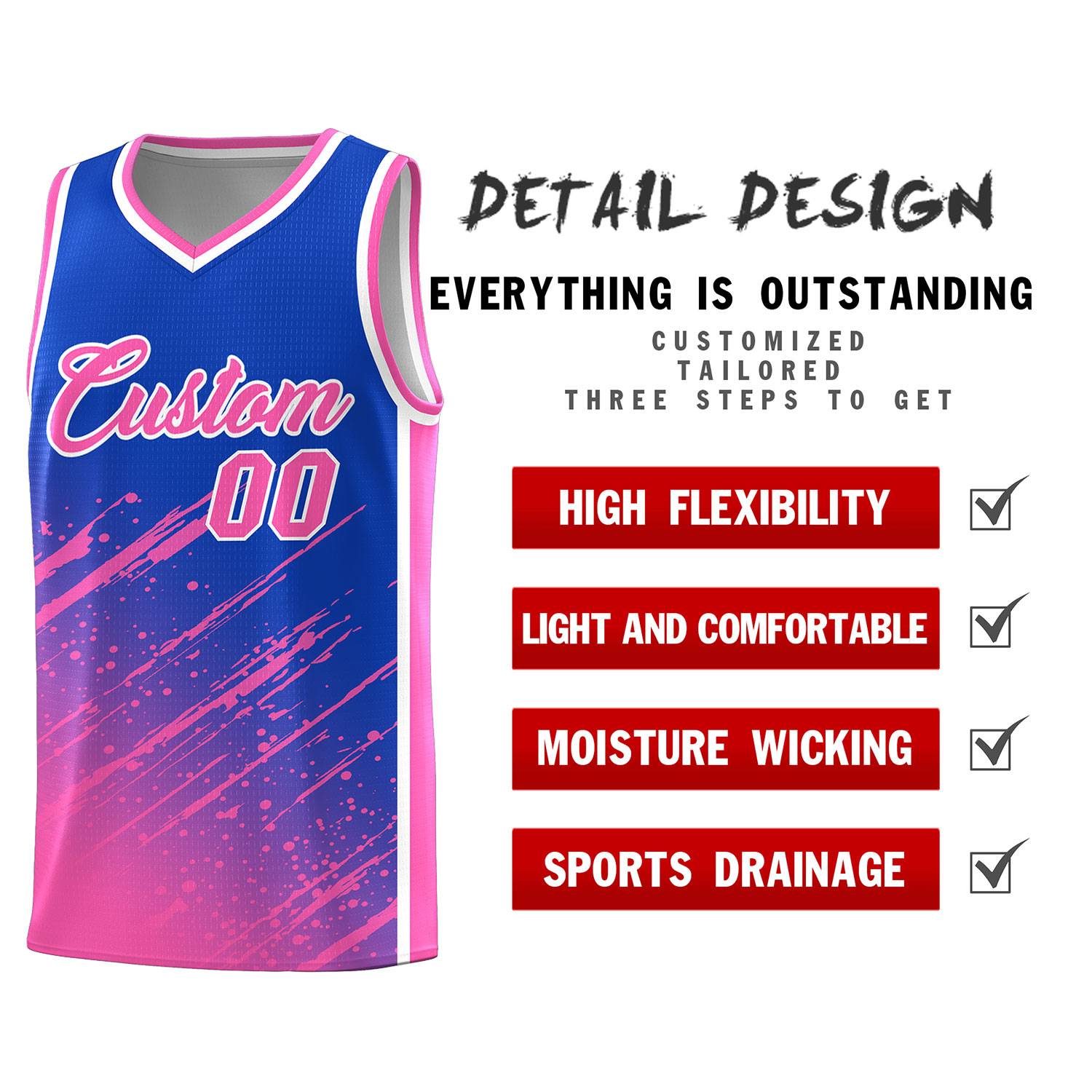 Custom Royal Basketball Kits With Pink Paint Graffiti
