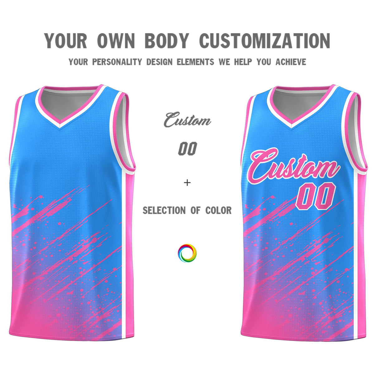 Custom Powder Blue Basketball Kits With Pink Paint Graffiti