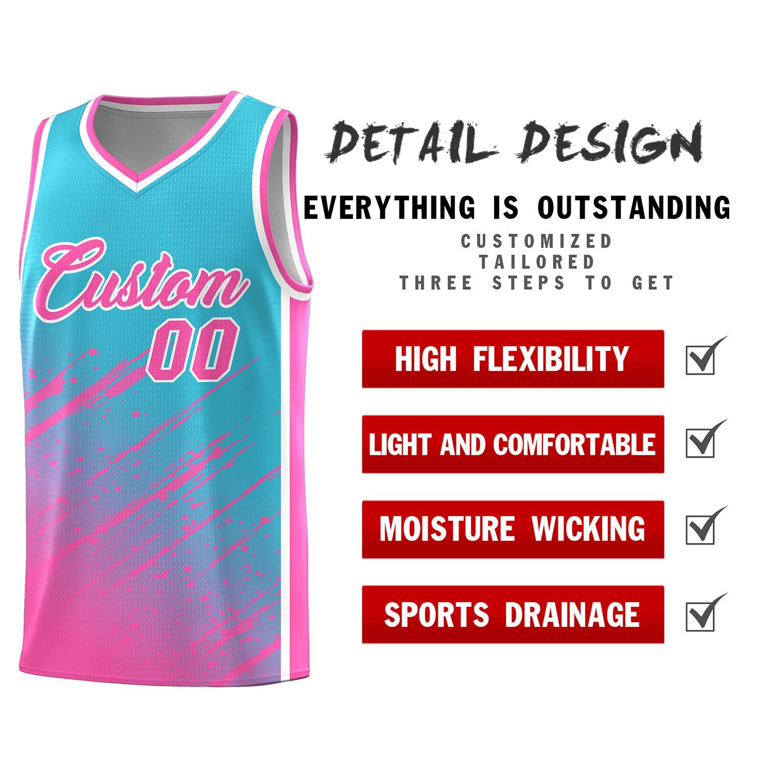 Custom Sky Blue Basketball Kits With Pink Paint Graffiti
