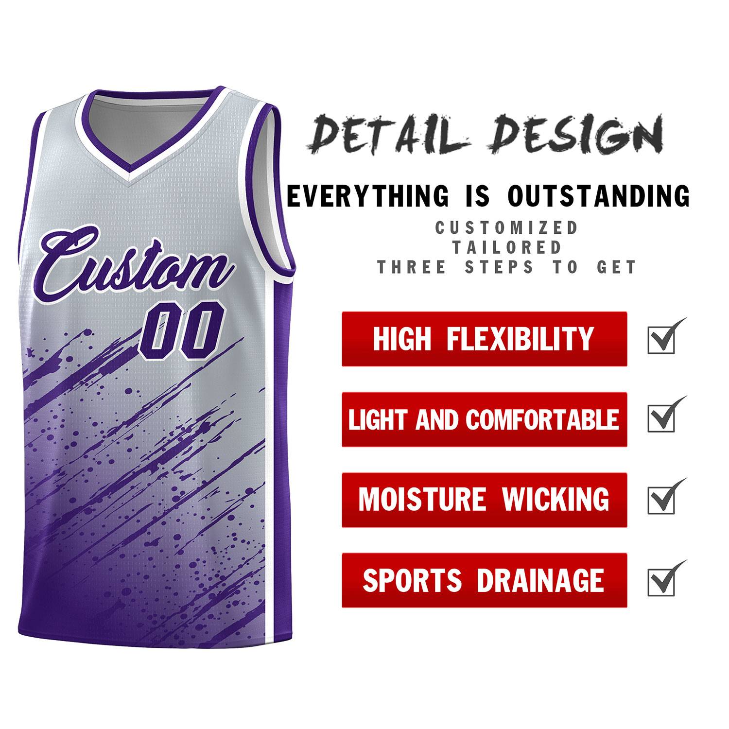 Custom Gray Basketball Kits With Purple Paint Graffiti