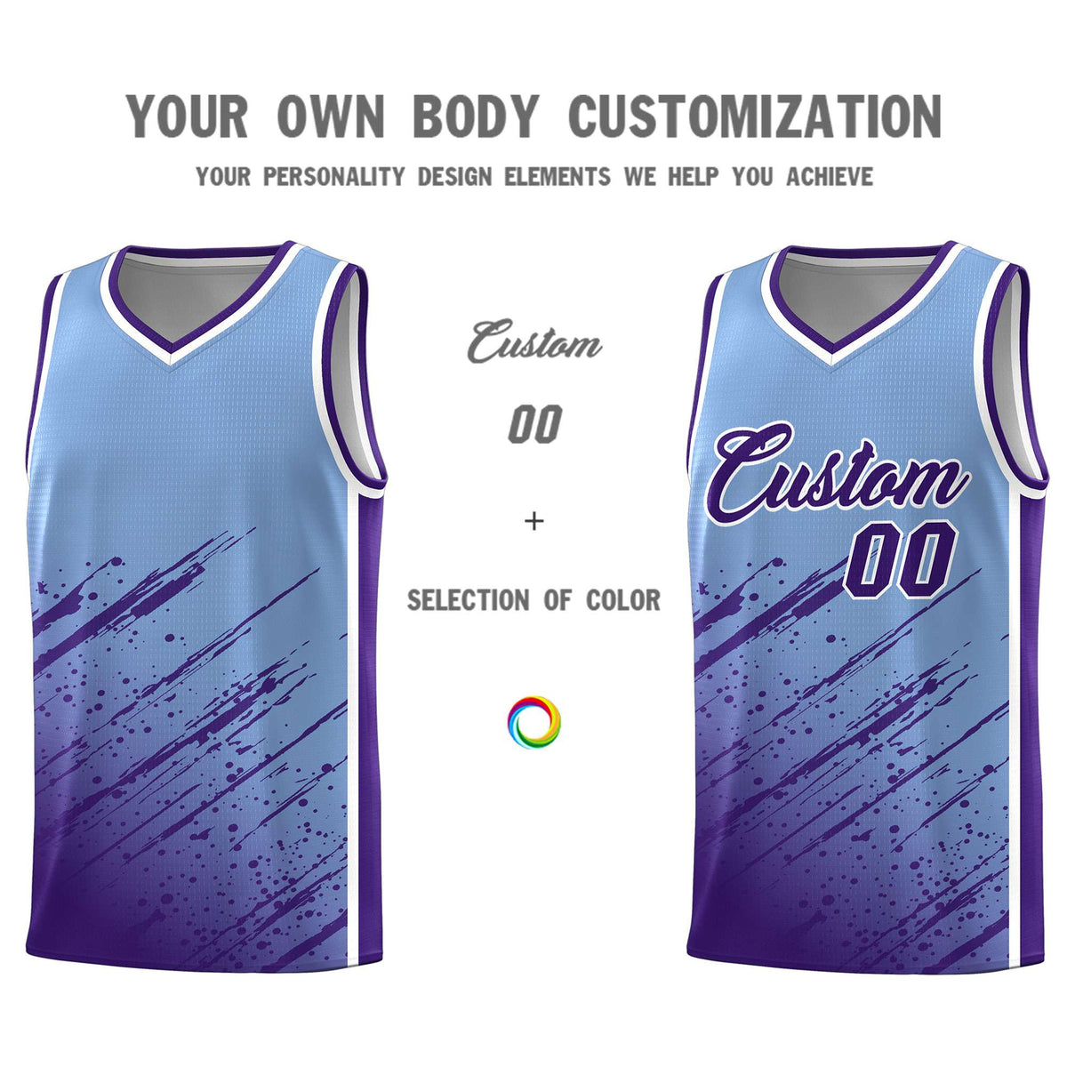 Custom Light Blue Basketball Kits With Purple Paint Graffiti