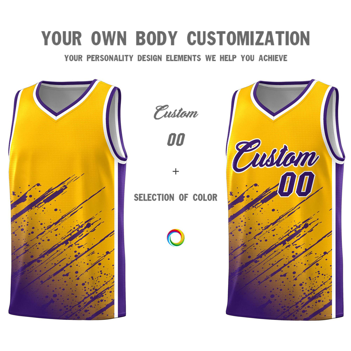 Custom Yellow Basketball Kits With Purple Paint Graffiti