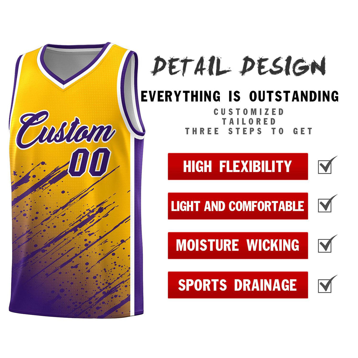 Custom Yellow Basketball Kits With Purple Paint Graffiti