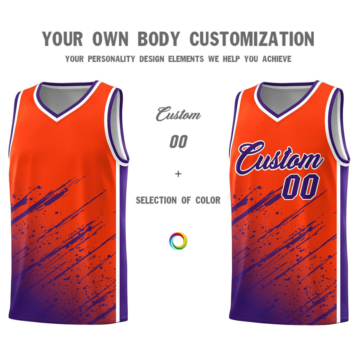 Custom Orange Basketball Kits With Purple Paint Graffiti