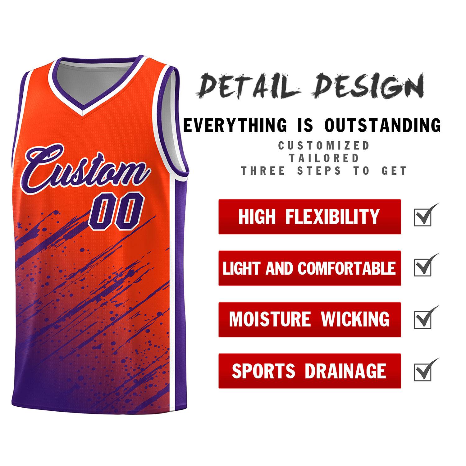 Custom Orange Basketball Kits With Purple Paint Graffiti