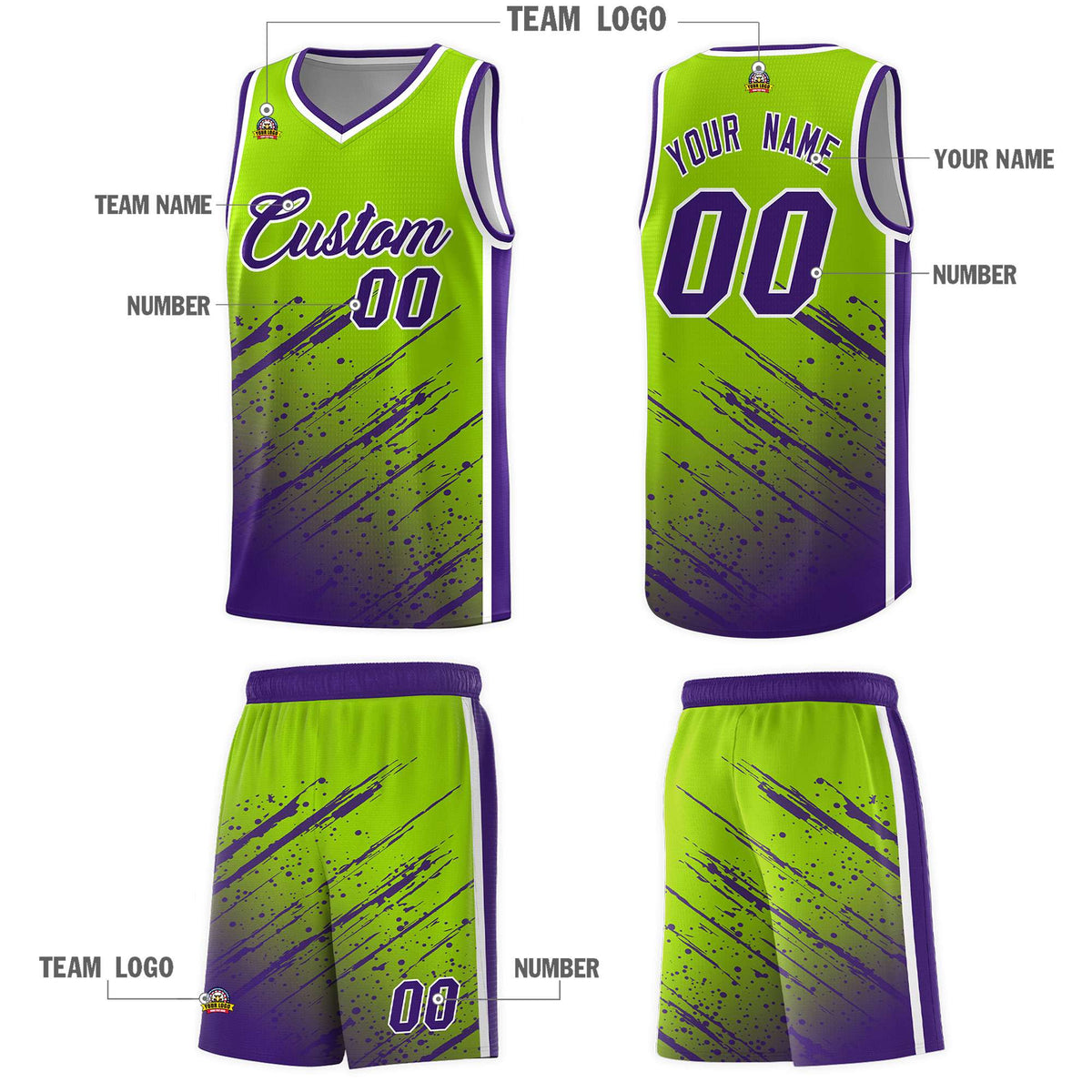 Custom Neon Green Basketball Kits With Purple Paint Graffiti