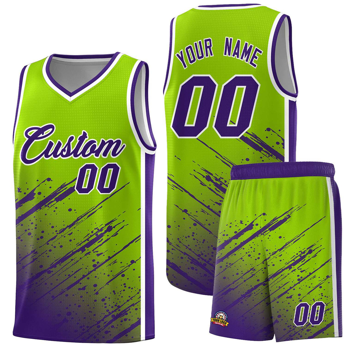 Custom Neon Green Basketball Kits With Purple Paint Graffiti