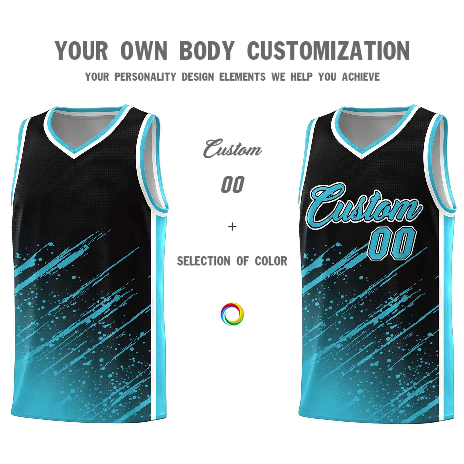 Custom Black Basketball Kits With Sky Blue Paint Graffiti