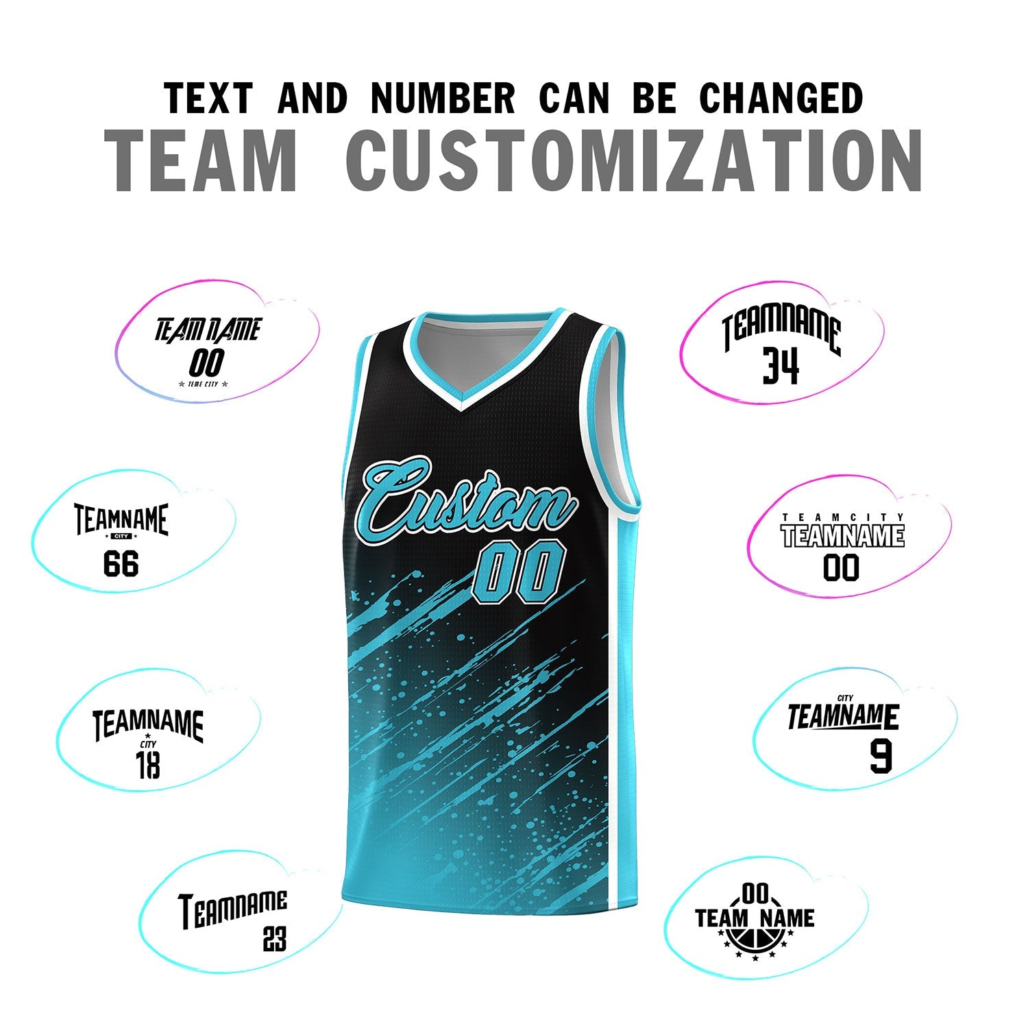 Custom Black Basketball Kits With Sky Blue Paint Graffiti