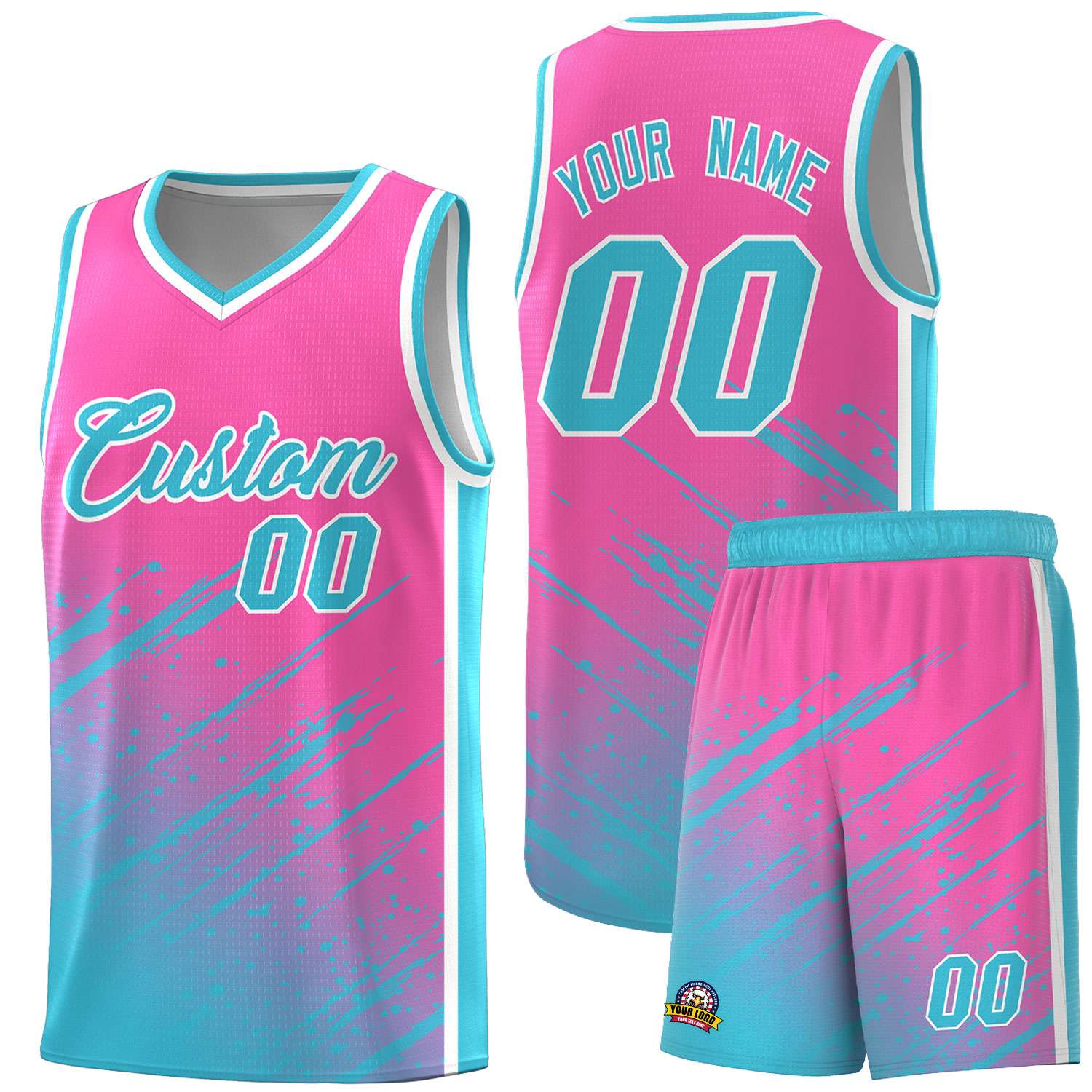 Custom Pink Basketball Kits With Sky Blue Paint Graffiti