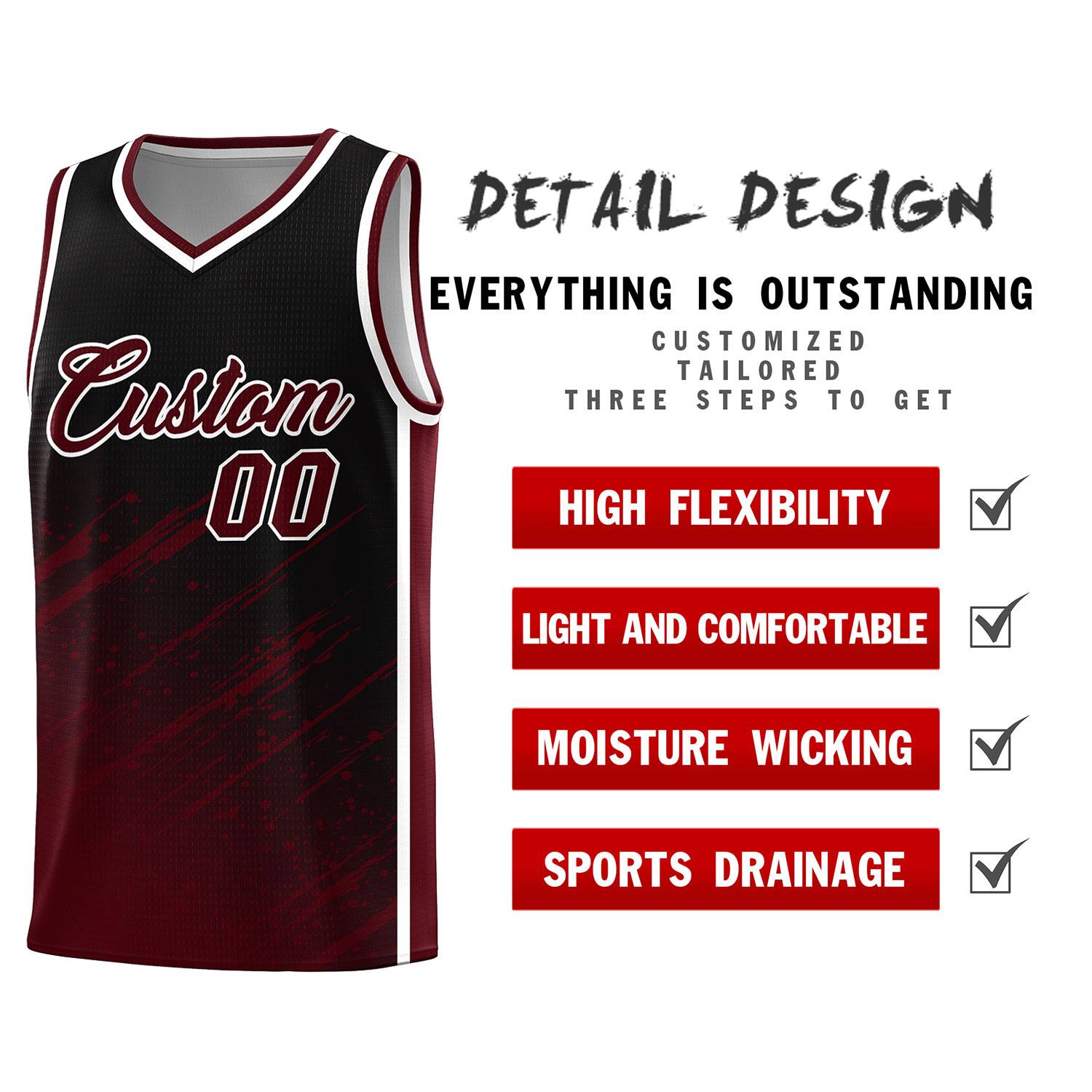 Custom Black Basketball Kits With Crimson Paint Graffiti