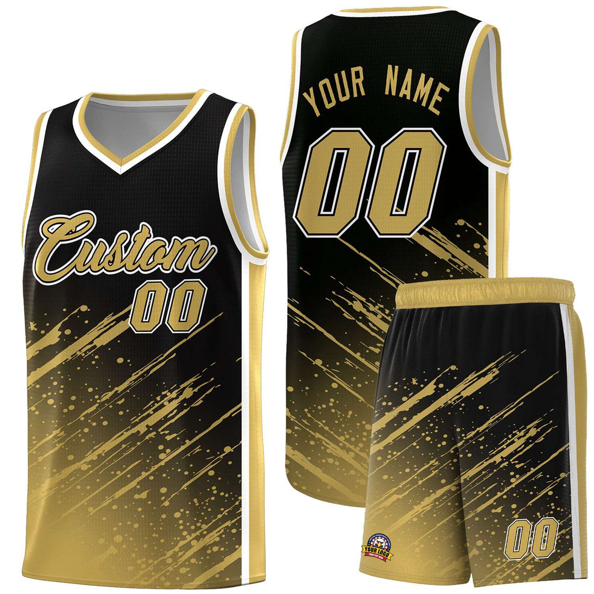 Custom Black Basketball Kits With Old Gold Paint Graffiti