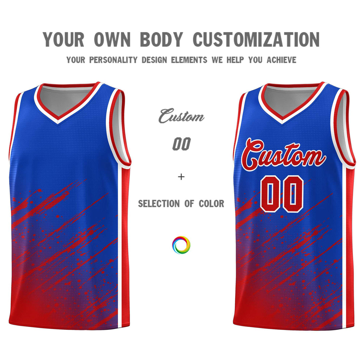 Custom Royal Basketball Kits With Red Paint Graffiti