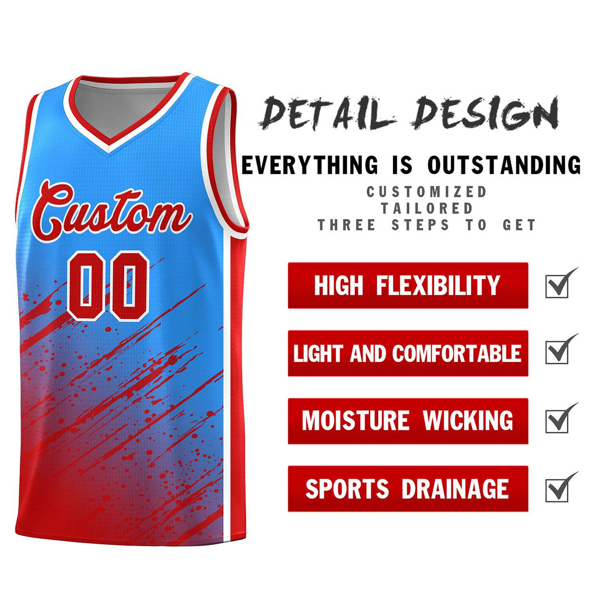 Custom Powder Blue Basketball Kits With Red Paint Graffiti