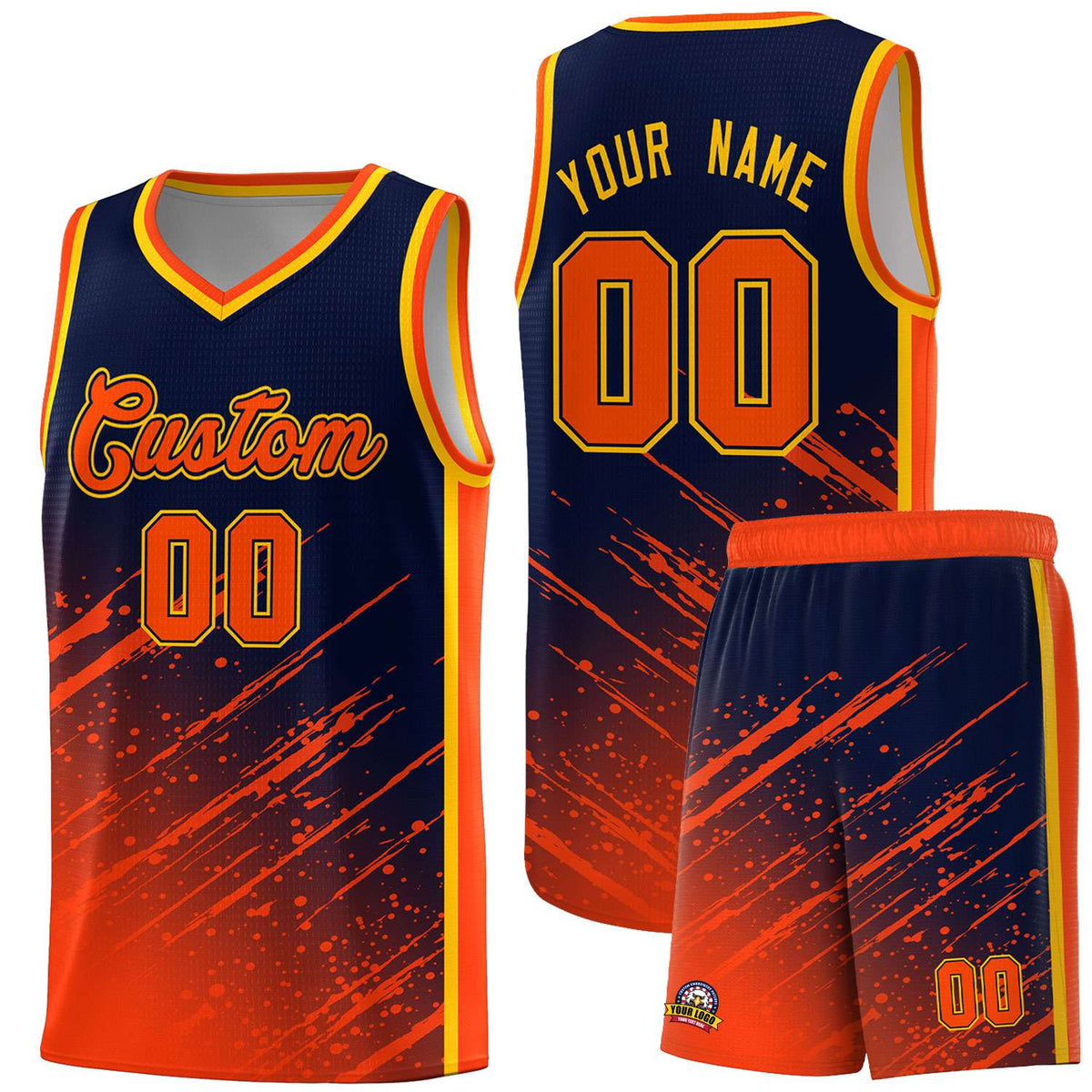 Custom Navy Basketball Kits With Orange Paint Graffiti