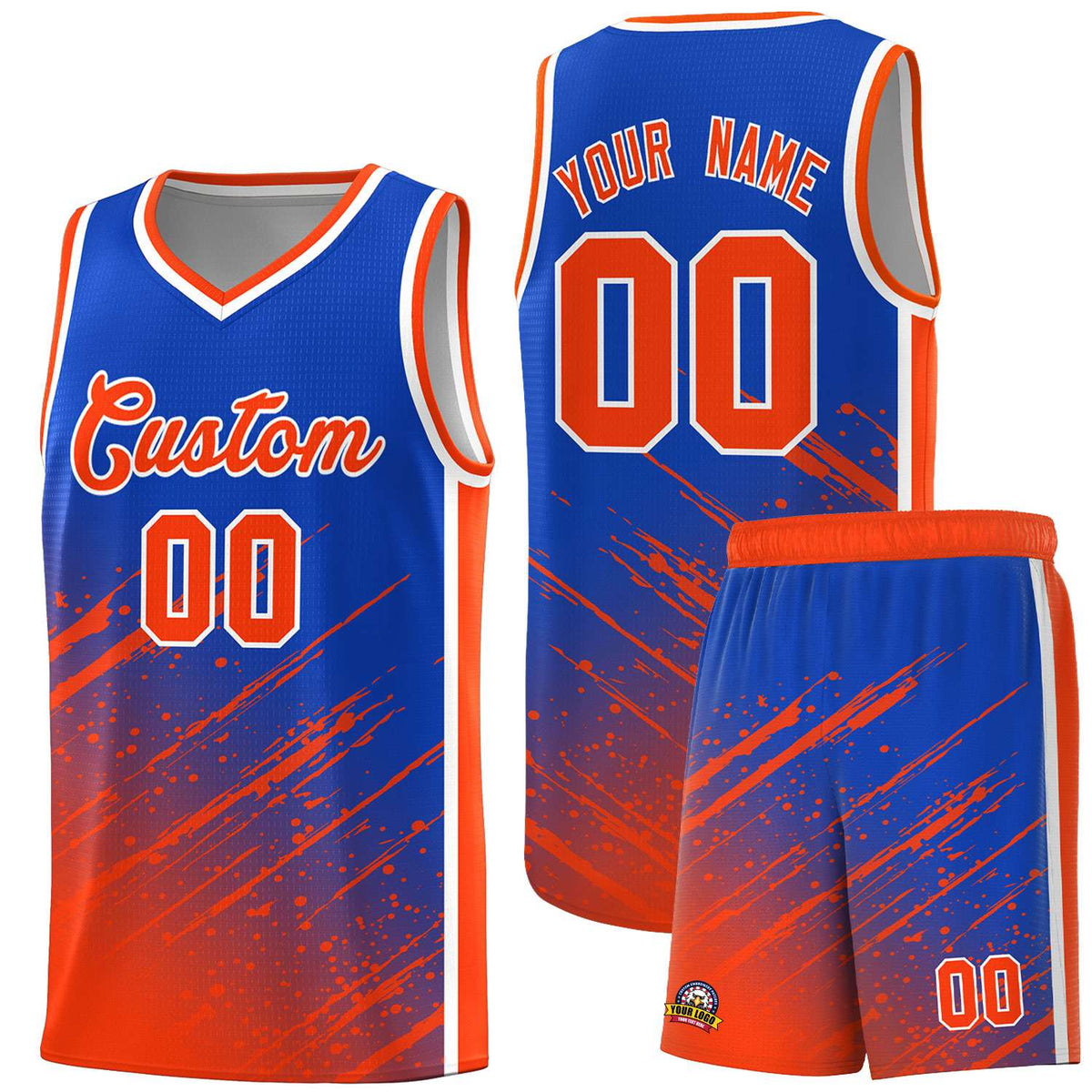 Custom Royal Basketball Kits With Orange Paint Graffiti