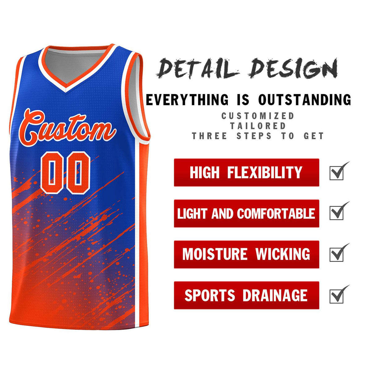 Custom Royal Basketball Kits With Orange Paint Graffiti