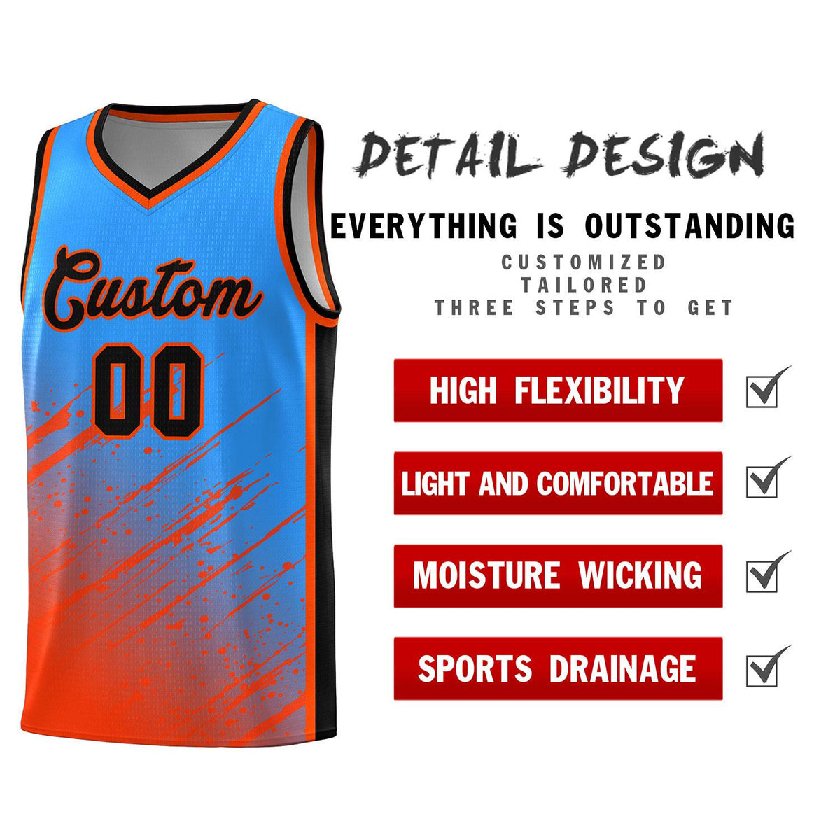 Custom Powder Blue Basketball Kits With Orange Paint Graffiti