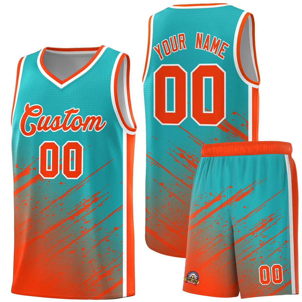Custom Aqua Basketball Kits With Orange Paint Graffiti