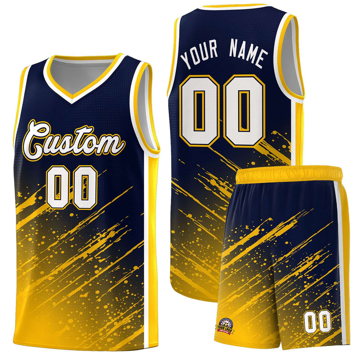 Custom Navy Basketball Kits With Yellow Paint Graffiti