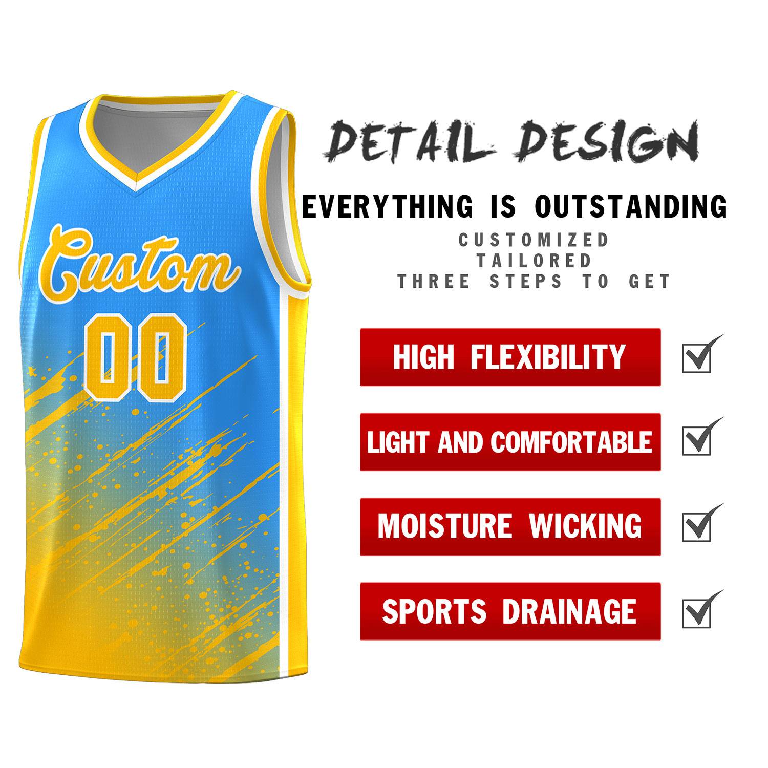 Custom Powder Blue Basketball Kits With Yellow Paint Graffiti