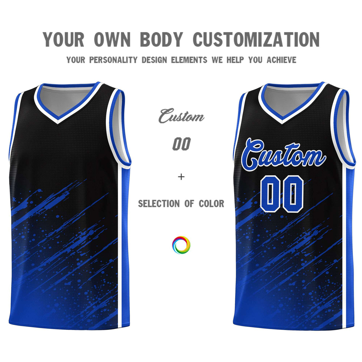 Custom Black Basketball Kits With Royal Paint Graffiti