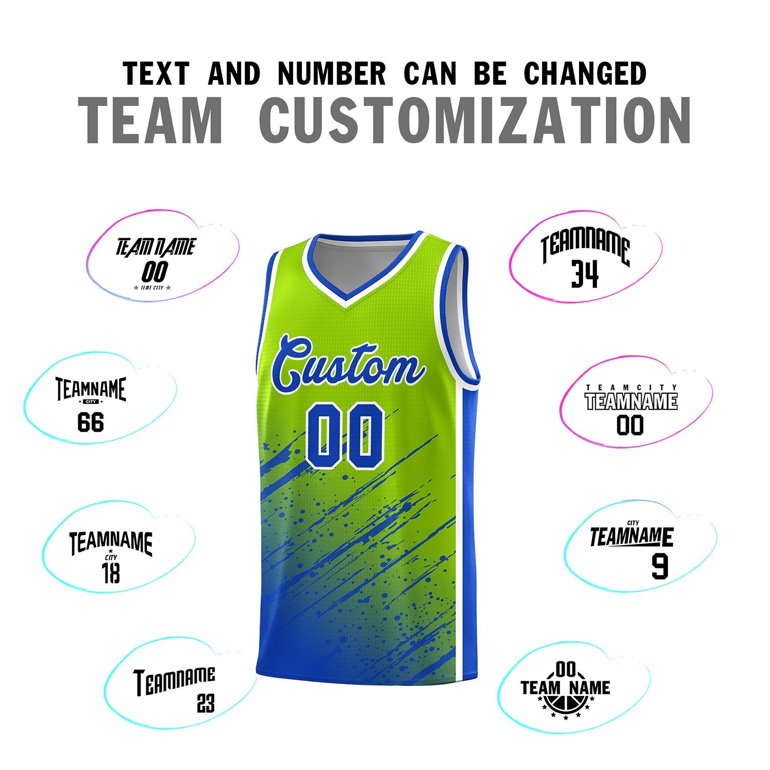 Custom Neon Green Basketball Kits With Royal Paint Graffiti