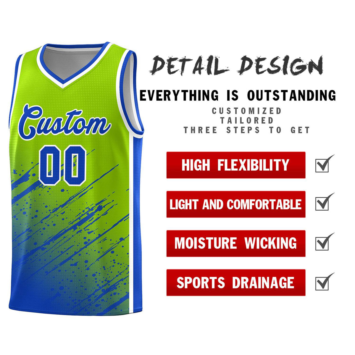 Custom Neon Green Basketball Kits With Royal Paint Graffiti