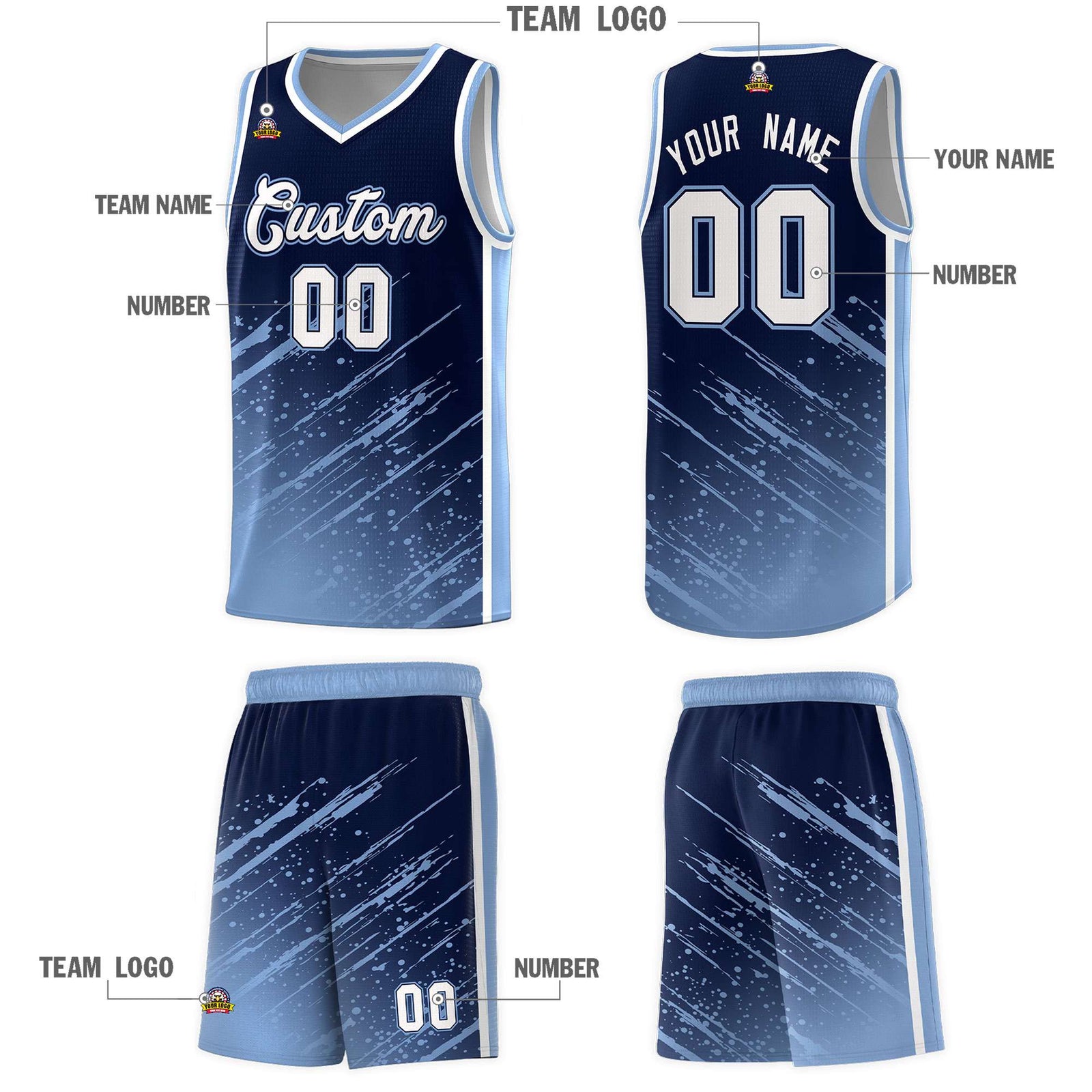 Custom Navy Basketball Kits With Light Blue Paint Graffiti