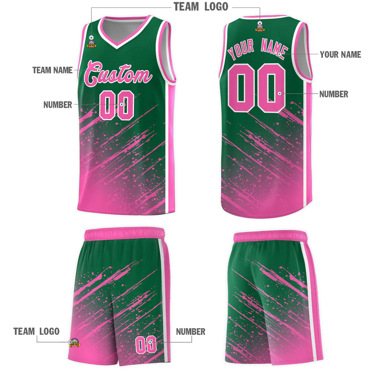Custom Kelly Green Basketball Kits With Pink Paint Graffiti