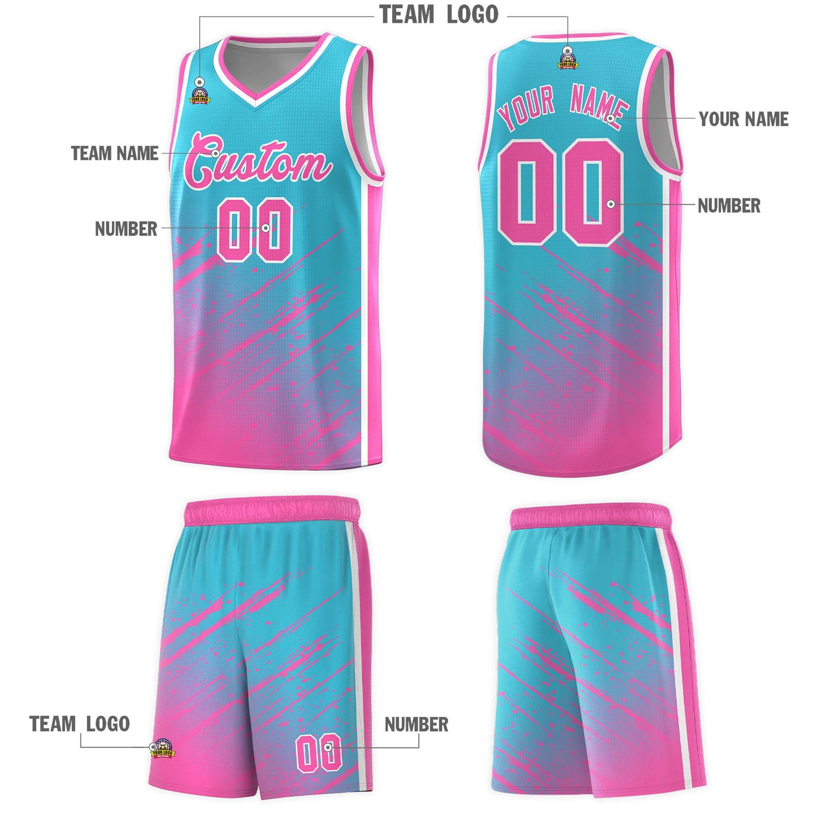 Custom Sky Blue Basketball Kits With Pink Paint Graffiti