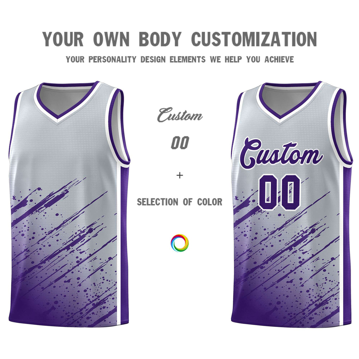 Custom Gray Basketball Kits With Purple Paint Graffiti