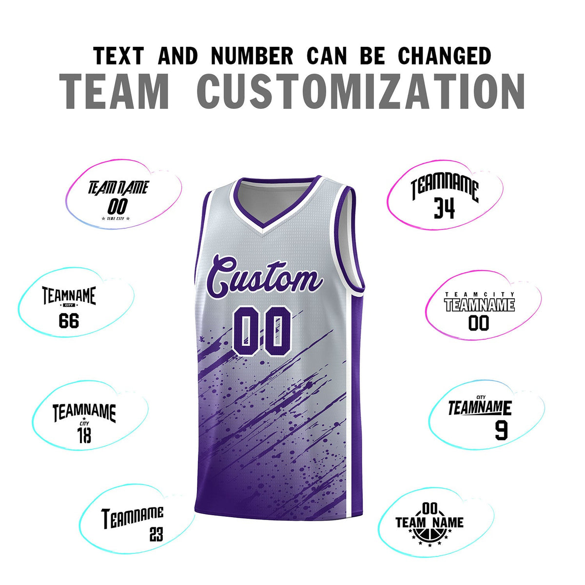 Custom Gray Basketball Kits With Purple Paint Graffiti