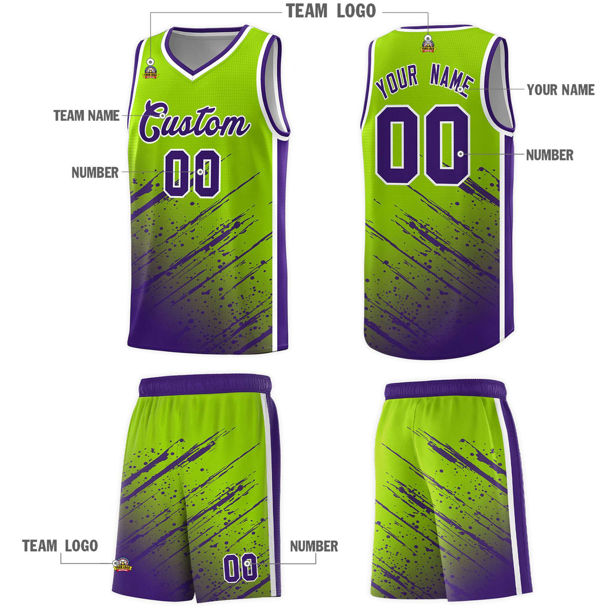 Custom Neon Green Basketball Kits With Purple Paint Graffiti