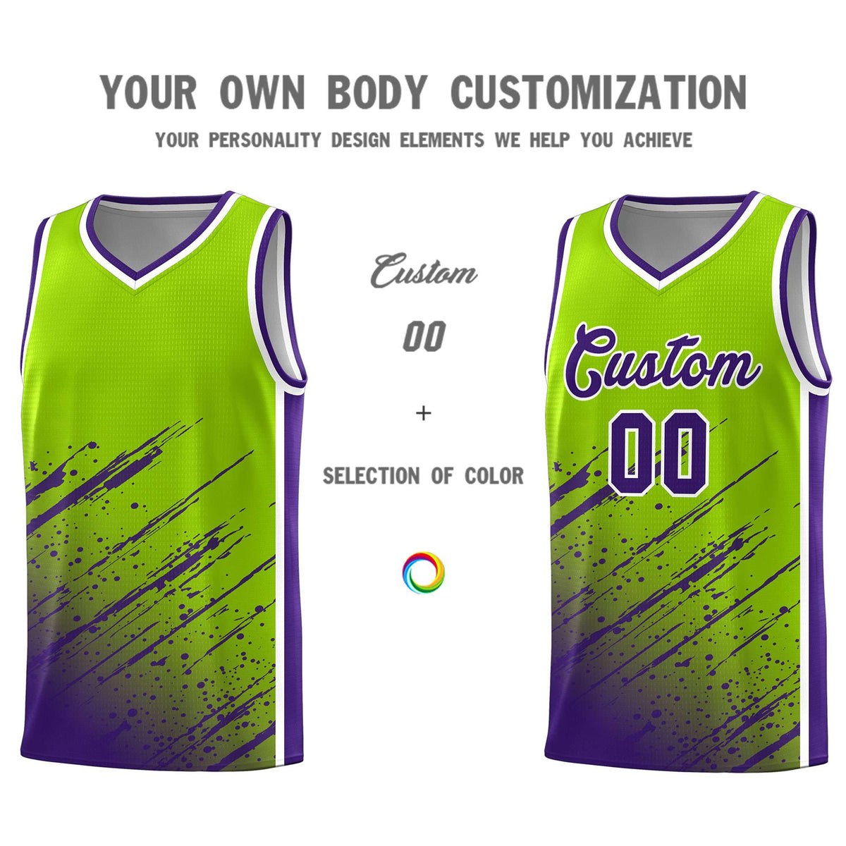Custom Neon Green Basketball Kits With Purple Paint Graffiti