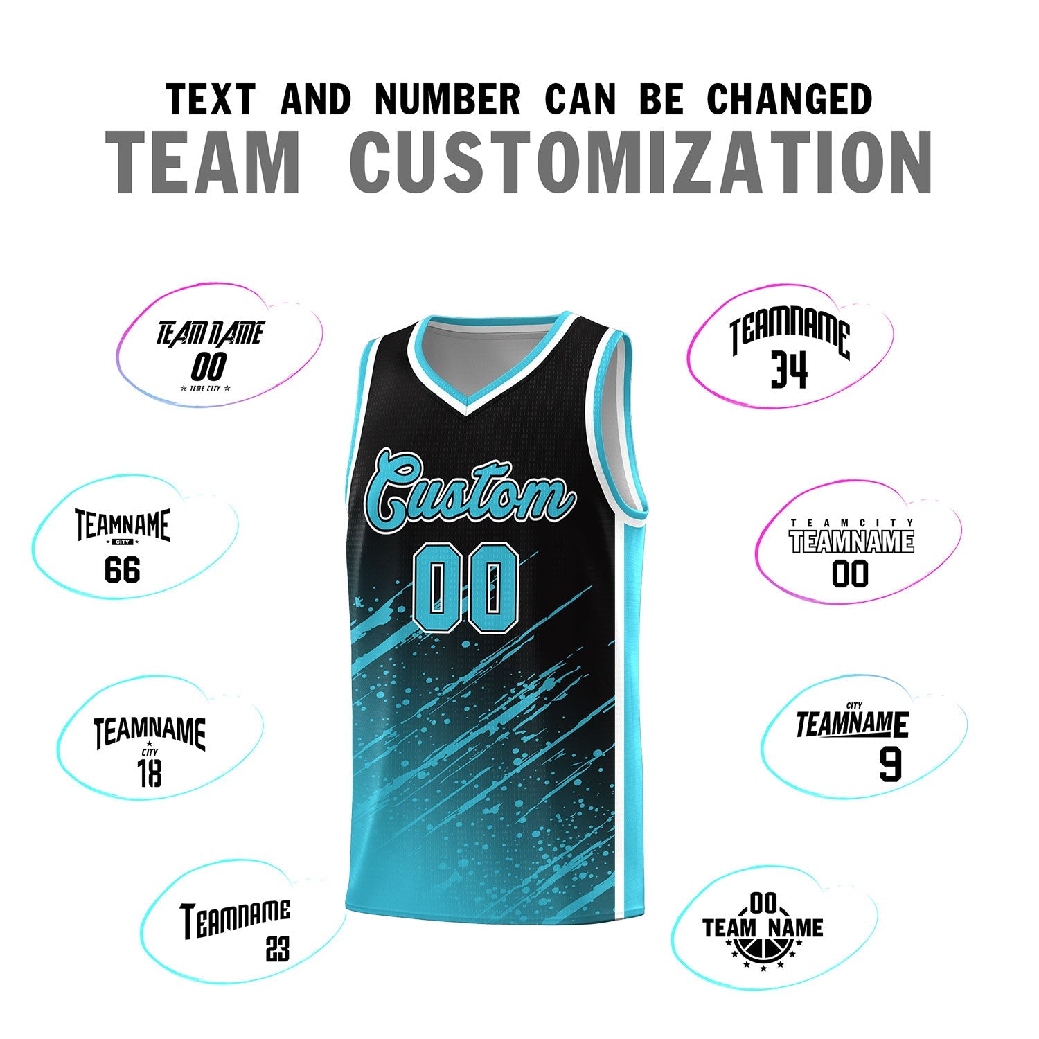 Custom Black Basketball Kits With Sky Blue Paint Graffiti