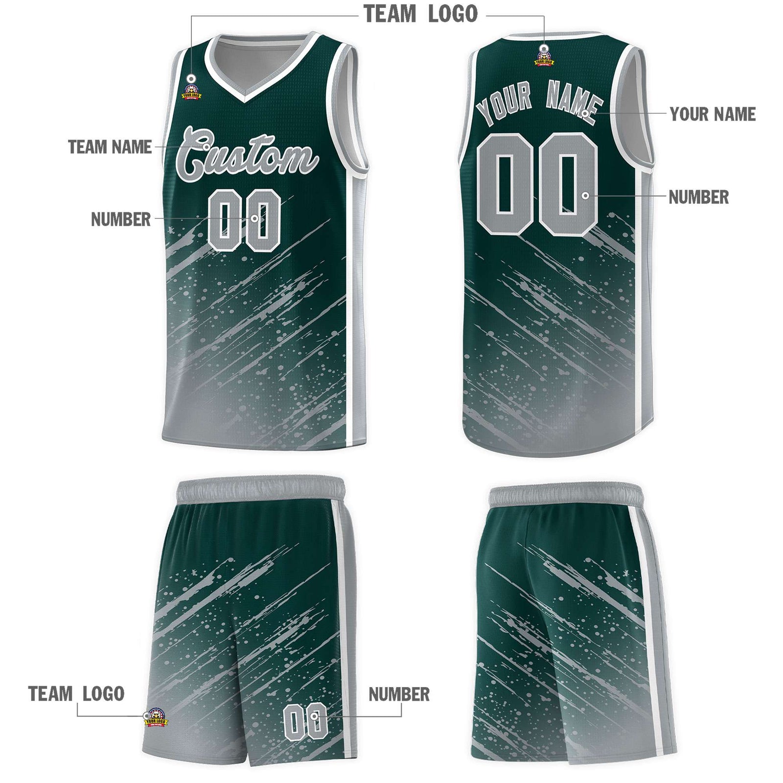 Custom Midnight Green Basketball Kits With Gray Paint Graffiti