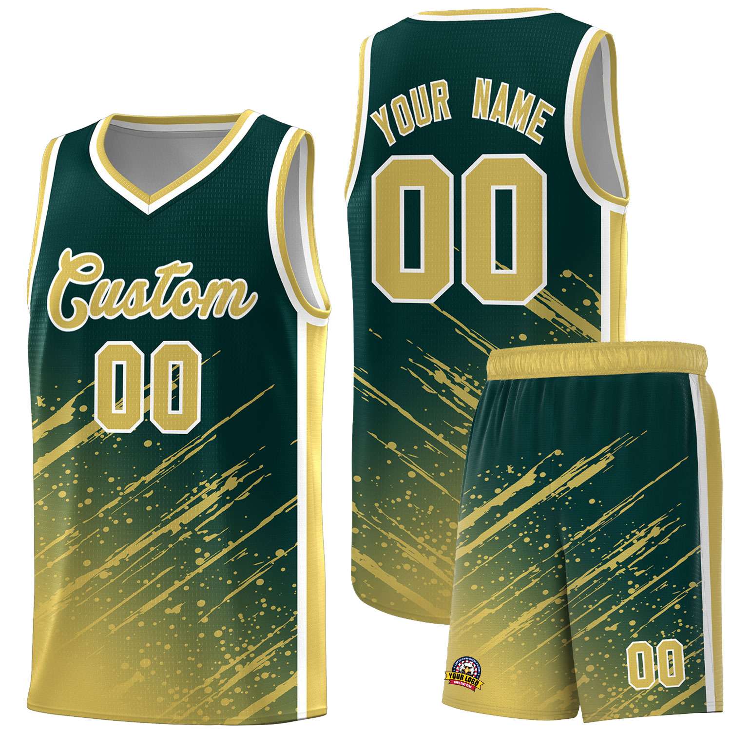 Custom Midnight Green Basketball Kits With Khaki Paint Graffiti