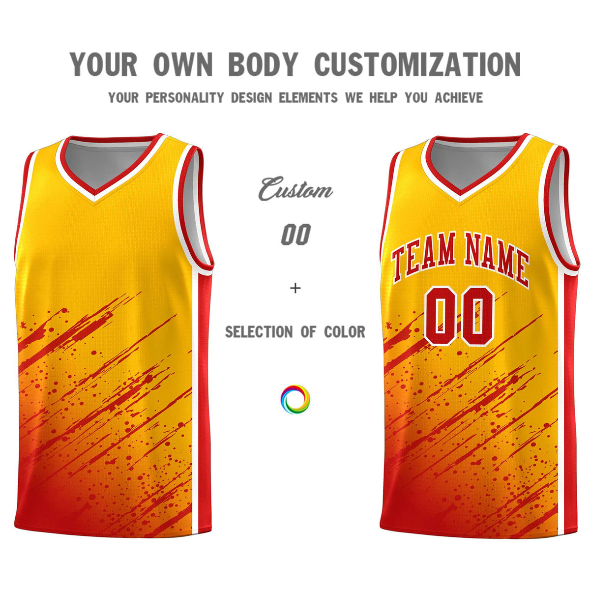Custom Yellow Basketball Kits With Red Paint Graffiti
