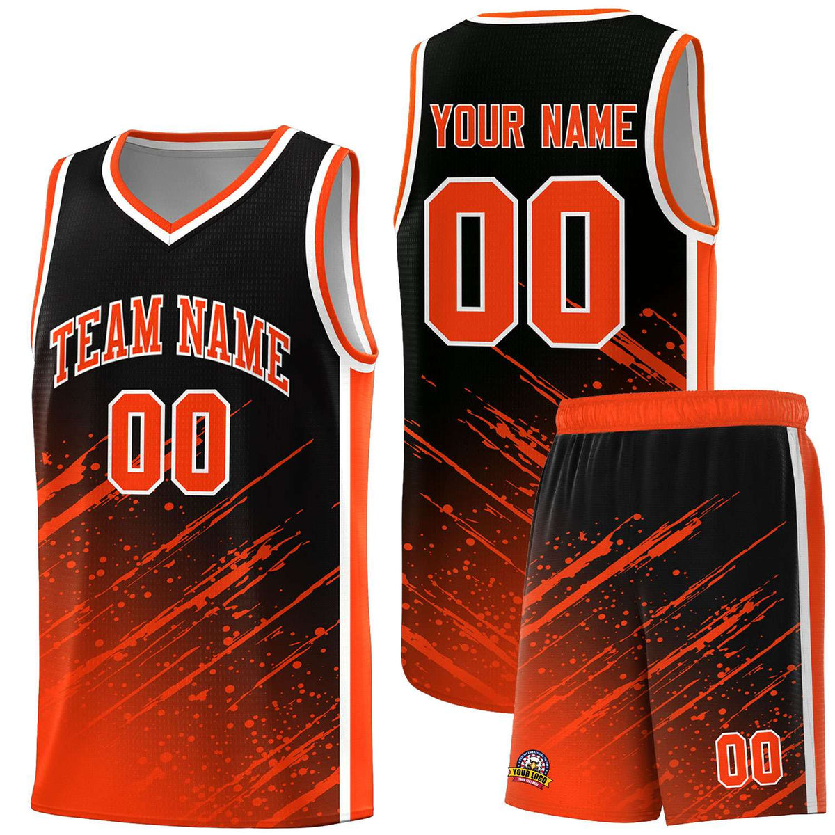 Custom Black Basketball Kits With Orange Paint Graffiti