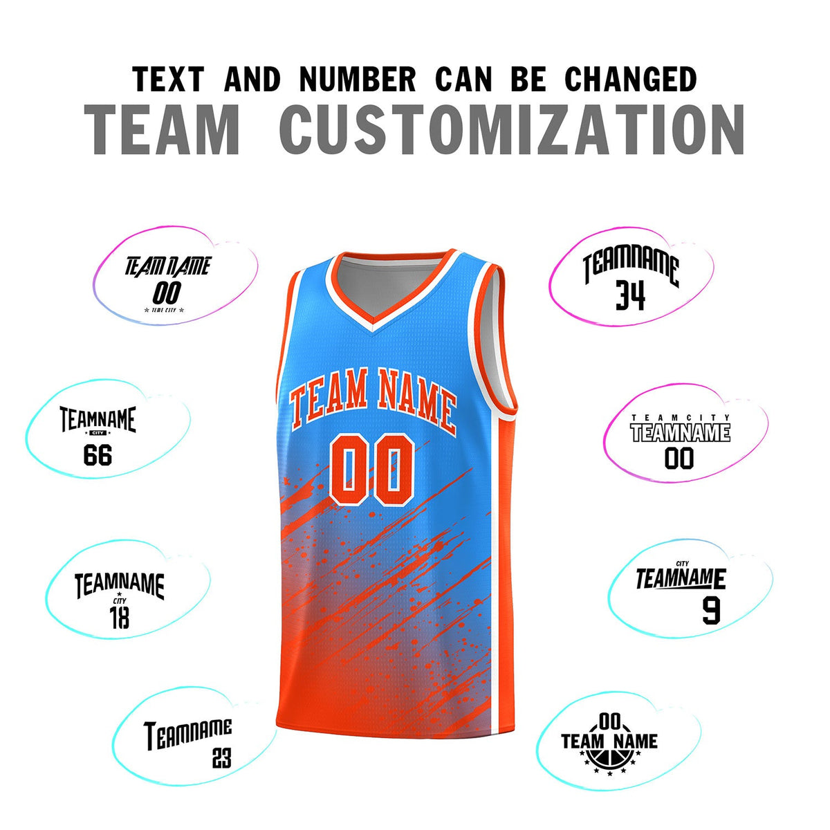 Custom Powder Blue Basketball Kits With Orange Paint Graffiti