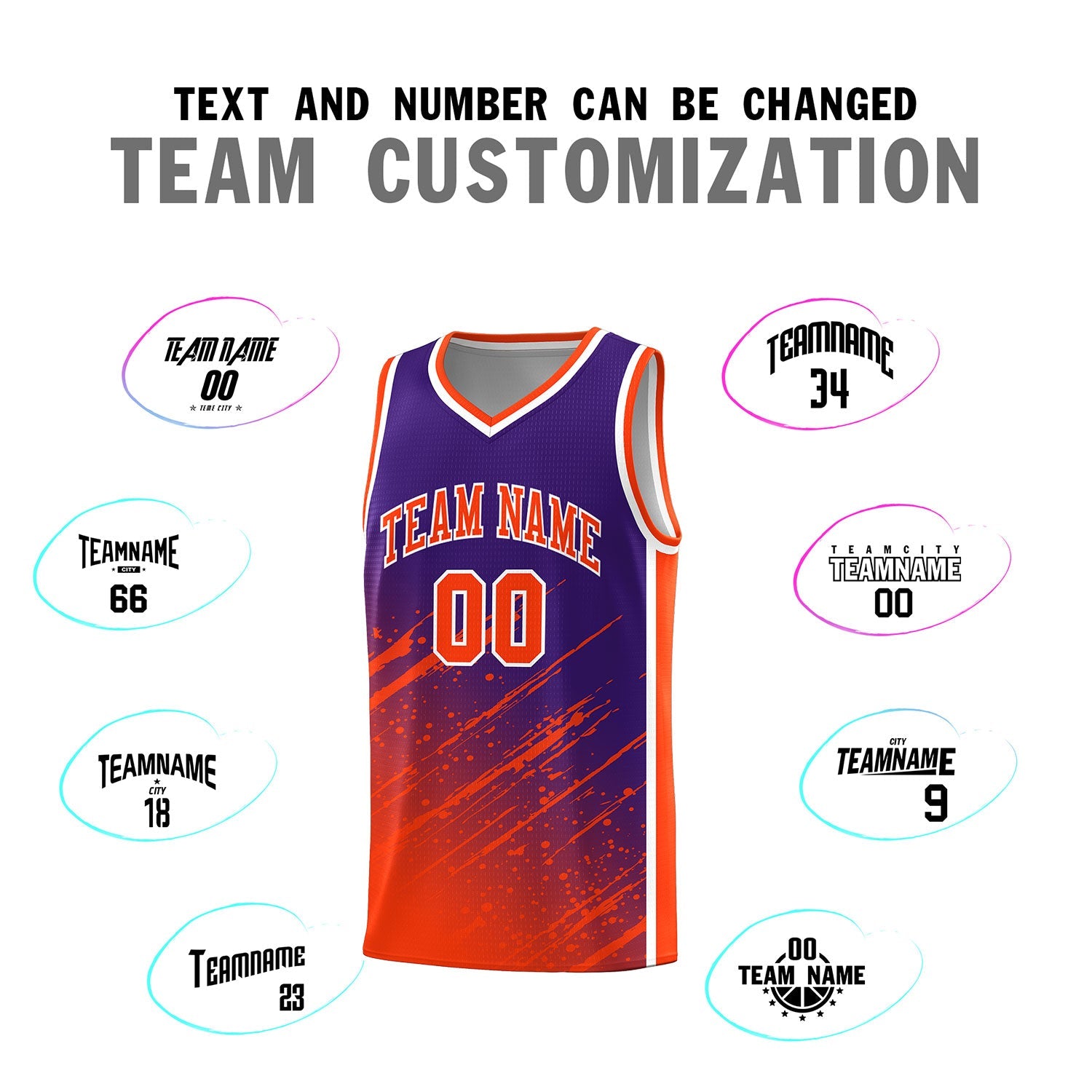Custom Purple Basketball Kits With Orange Paint Graffiti