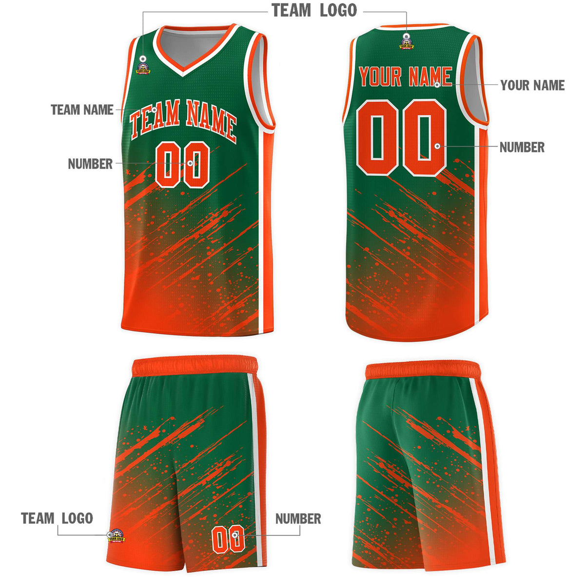 Custom Kelly Green Basketball Kits With Orange Paint Graffiti
