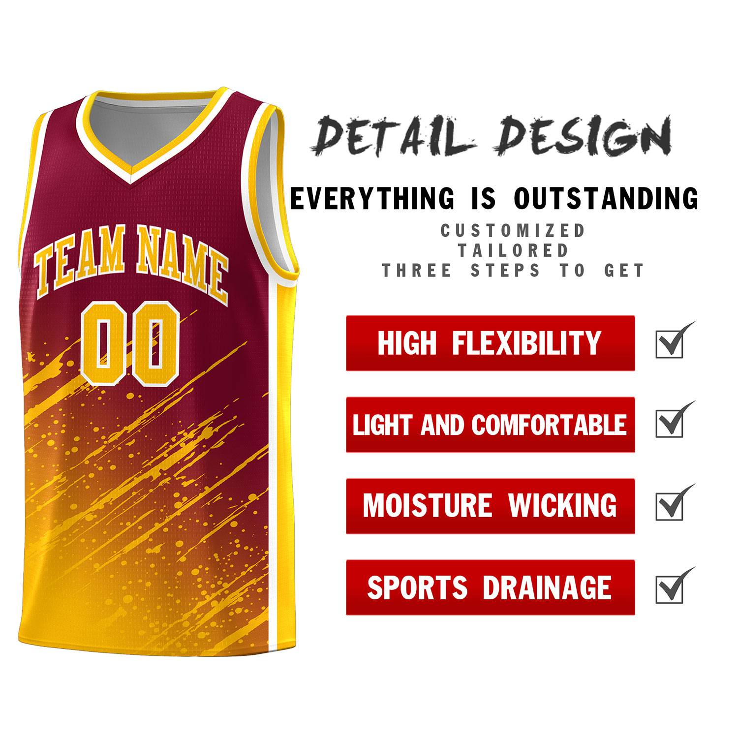 Custom Crimson Basketball Kits With Yellow Paint Graffiti