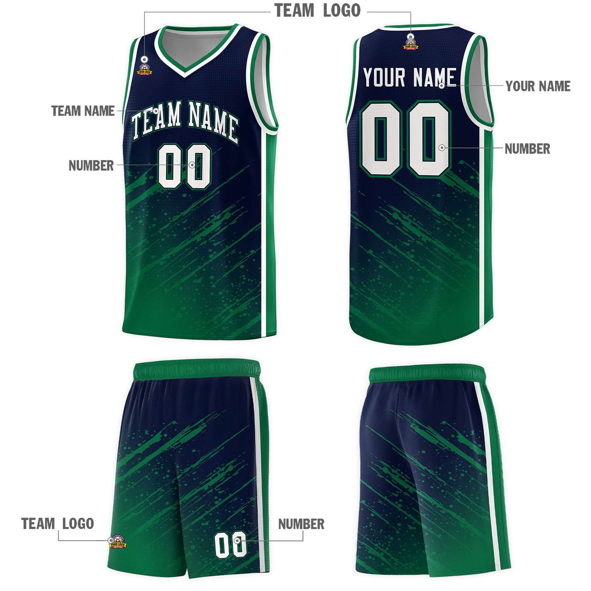 Custom Navy Basketball Kits With Kelly Green Paint Graffiti