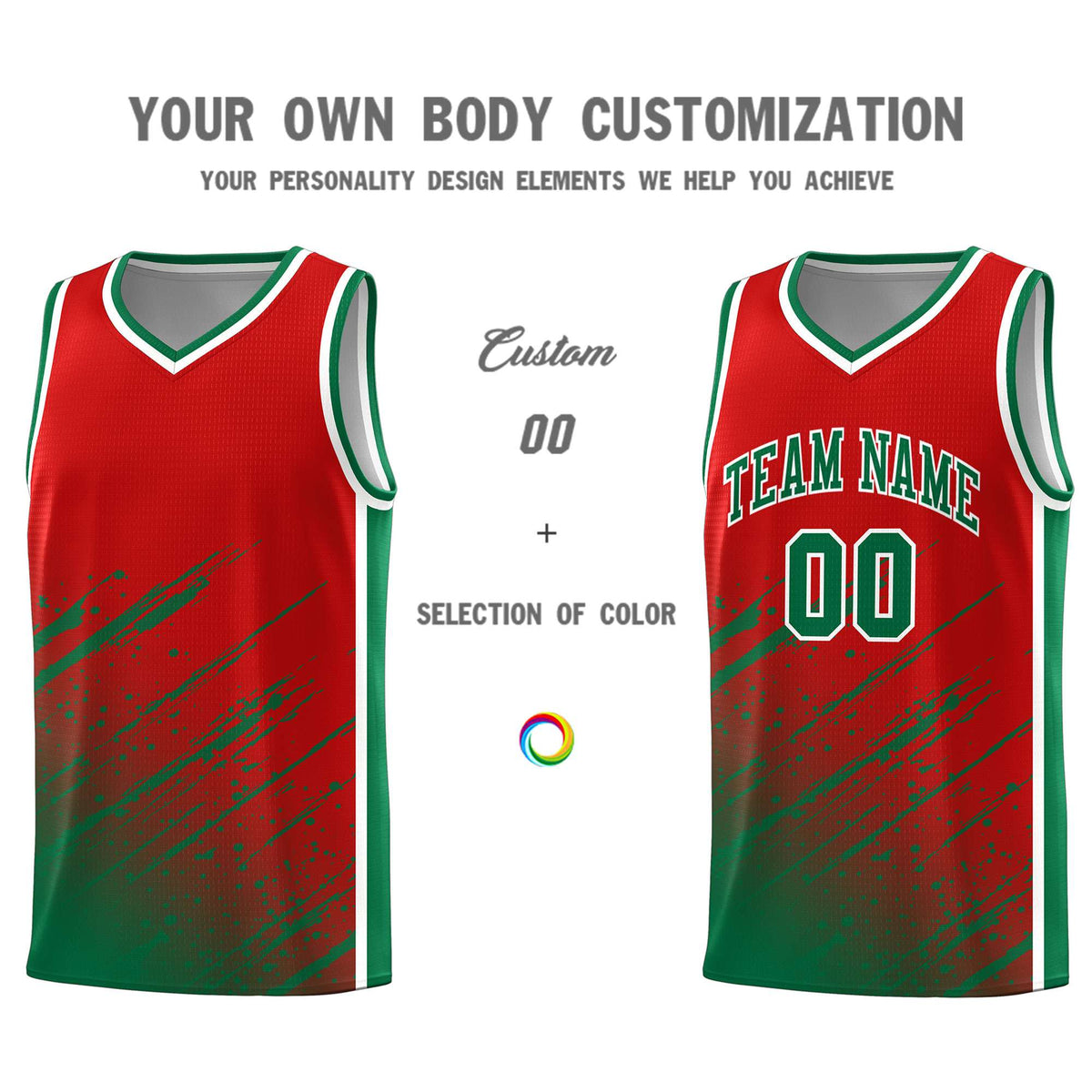 Custom Red Basketball Kits With Kelly Green Paint Graffiti