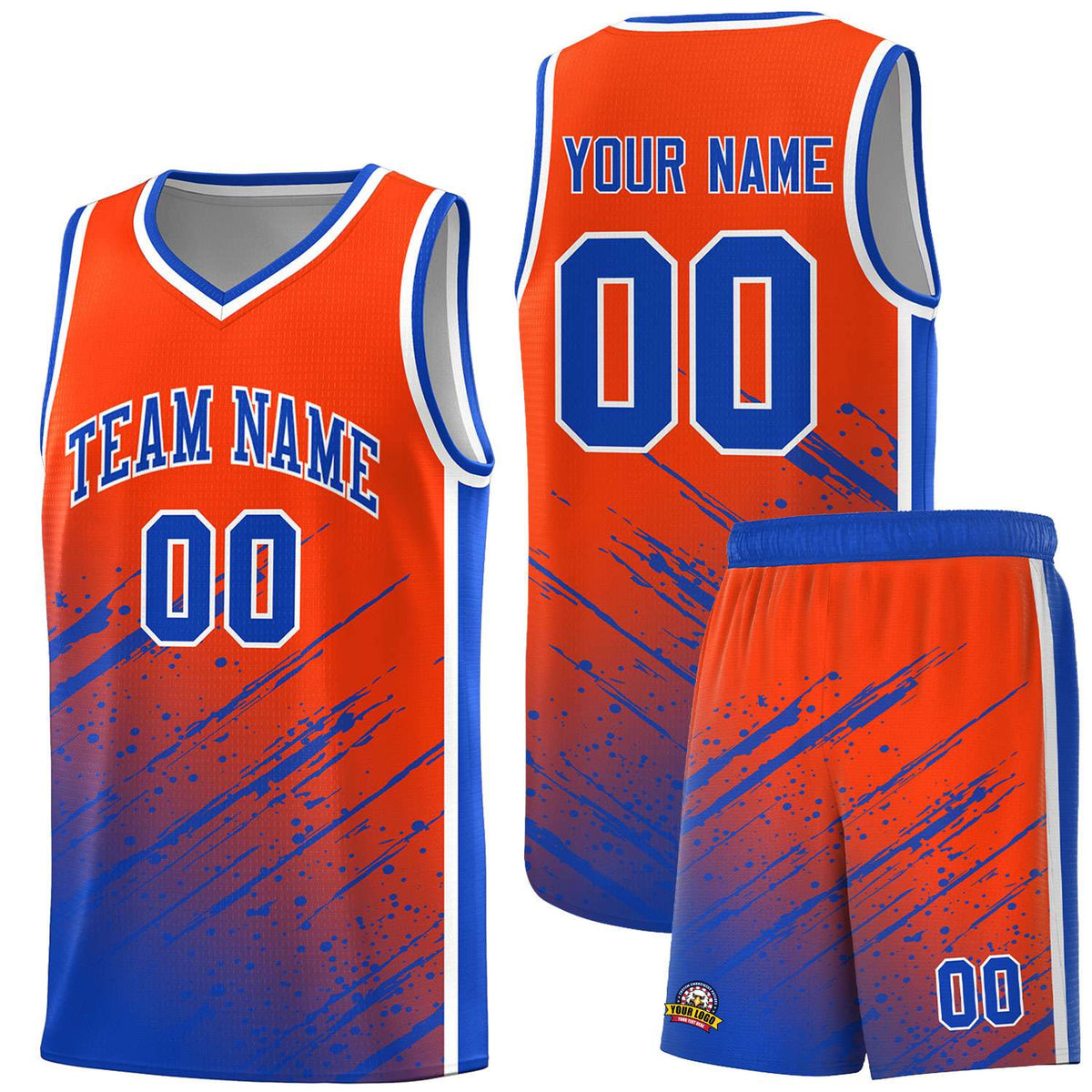 Custom Orange Basketball Kits With Royal Paint Graffiti