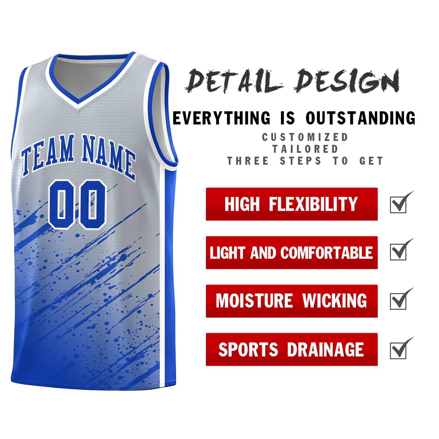 Custom Gray Basketball Kits With Royal Paint Graffiti